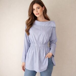 ZARA WOMAN Blue White Striped Long Sleeve Off Shoulder Elastic Waist Tunic L